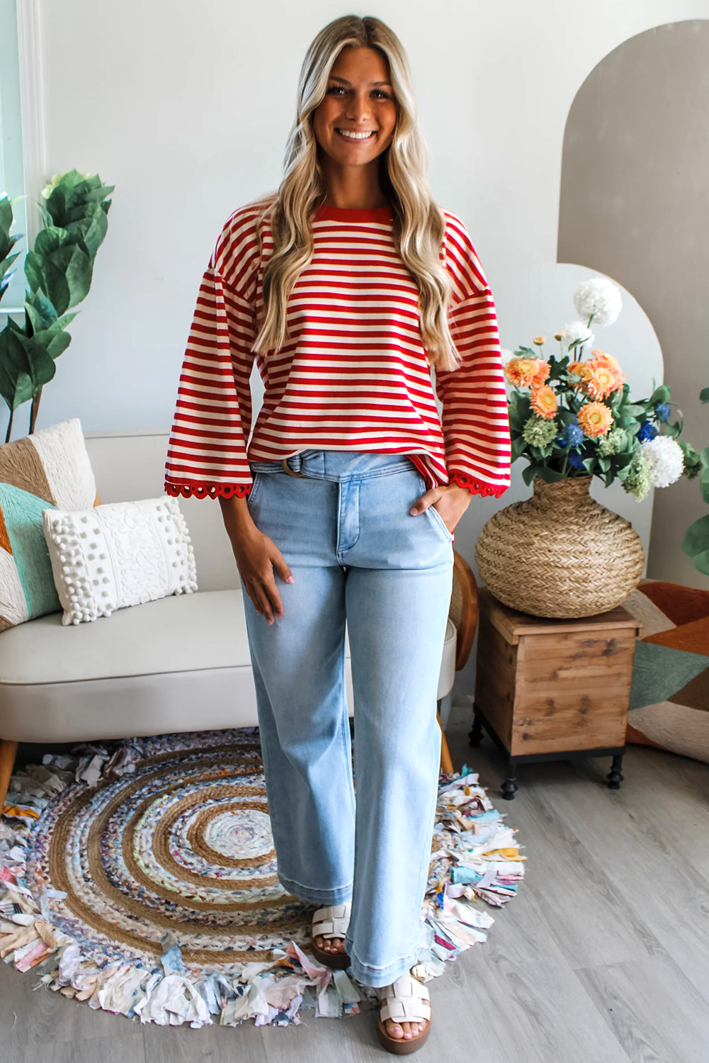 Racing Red Striped Round Neck Contrast Trim Bell Sleeve Top