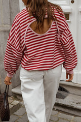 Red Stripe Cutout Open Back Long Sleeve Loose Top