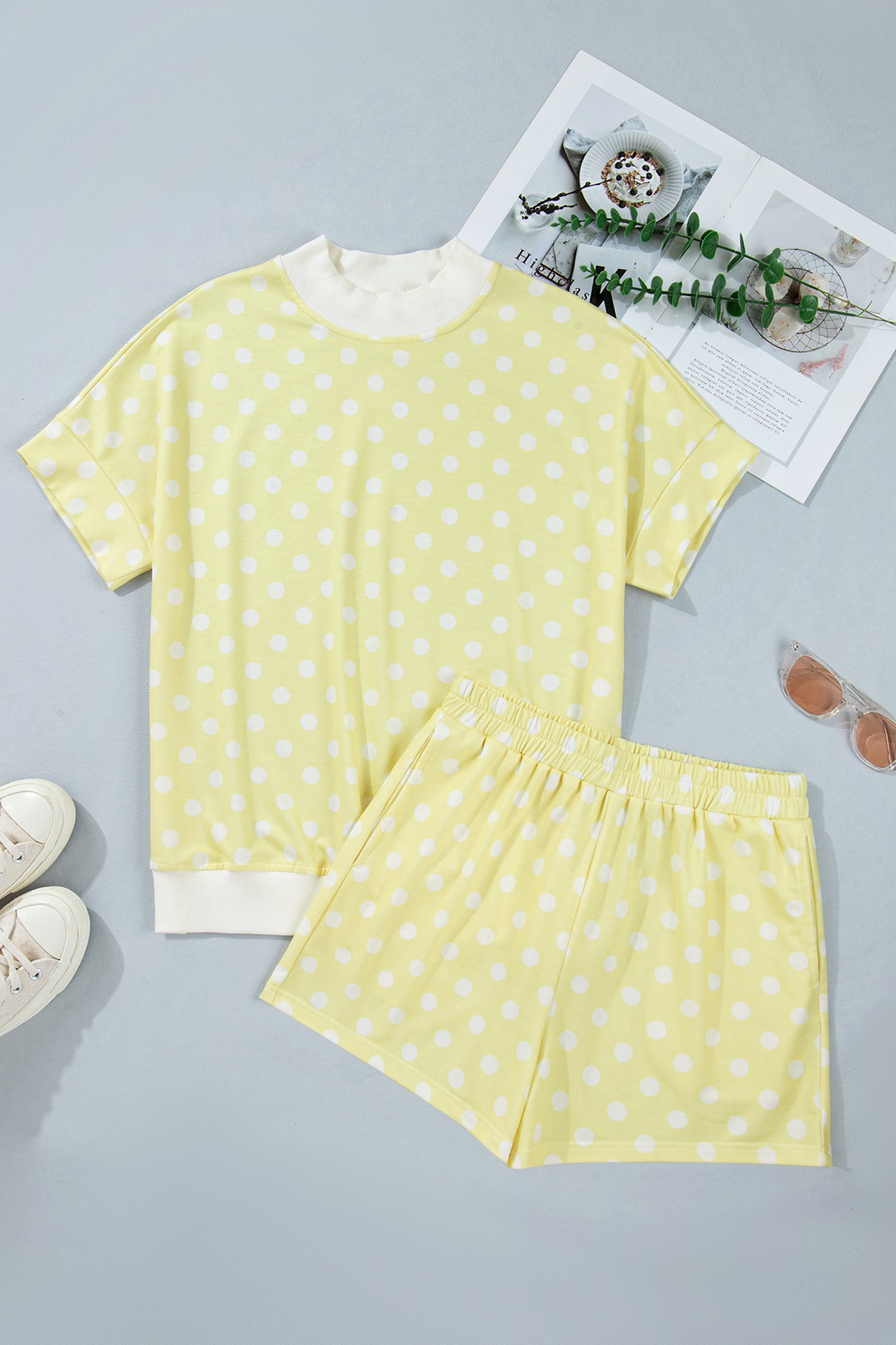 Pink Polka Dot Print Color Block Trim Mock Neck Short Set