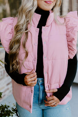 Pink Stand Neck Flutter Sleeve Snap Button Puffer Vest