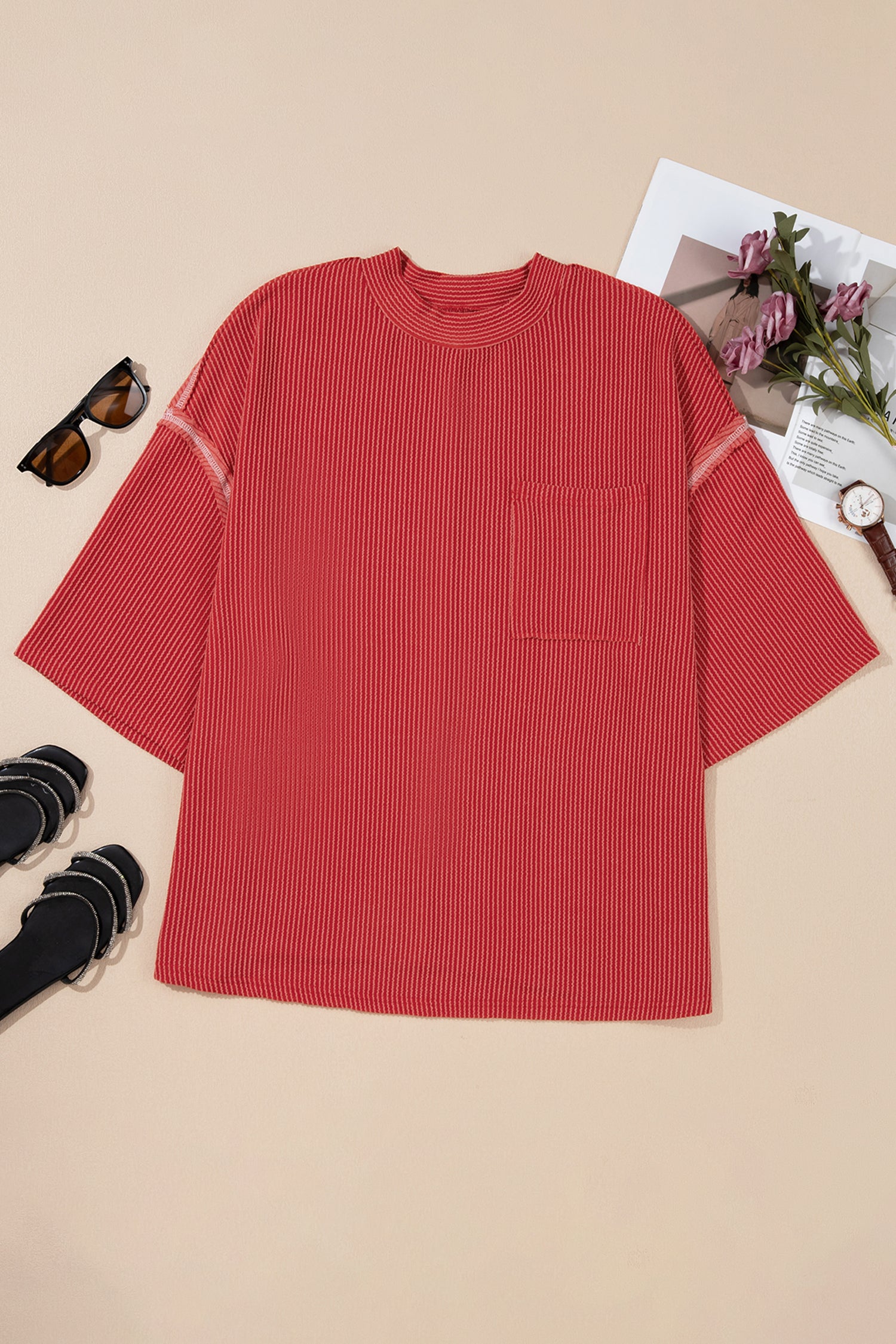 Fiery Red Twist Ribbed Tunic Round Neck Bracelet Sleeve Plus Size Blouse