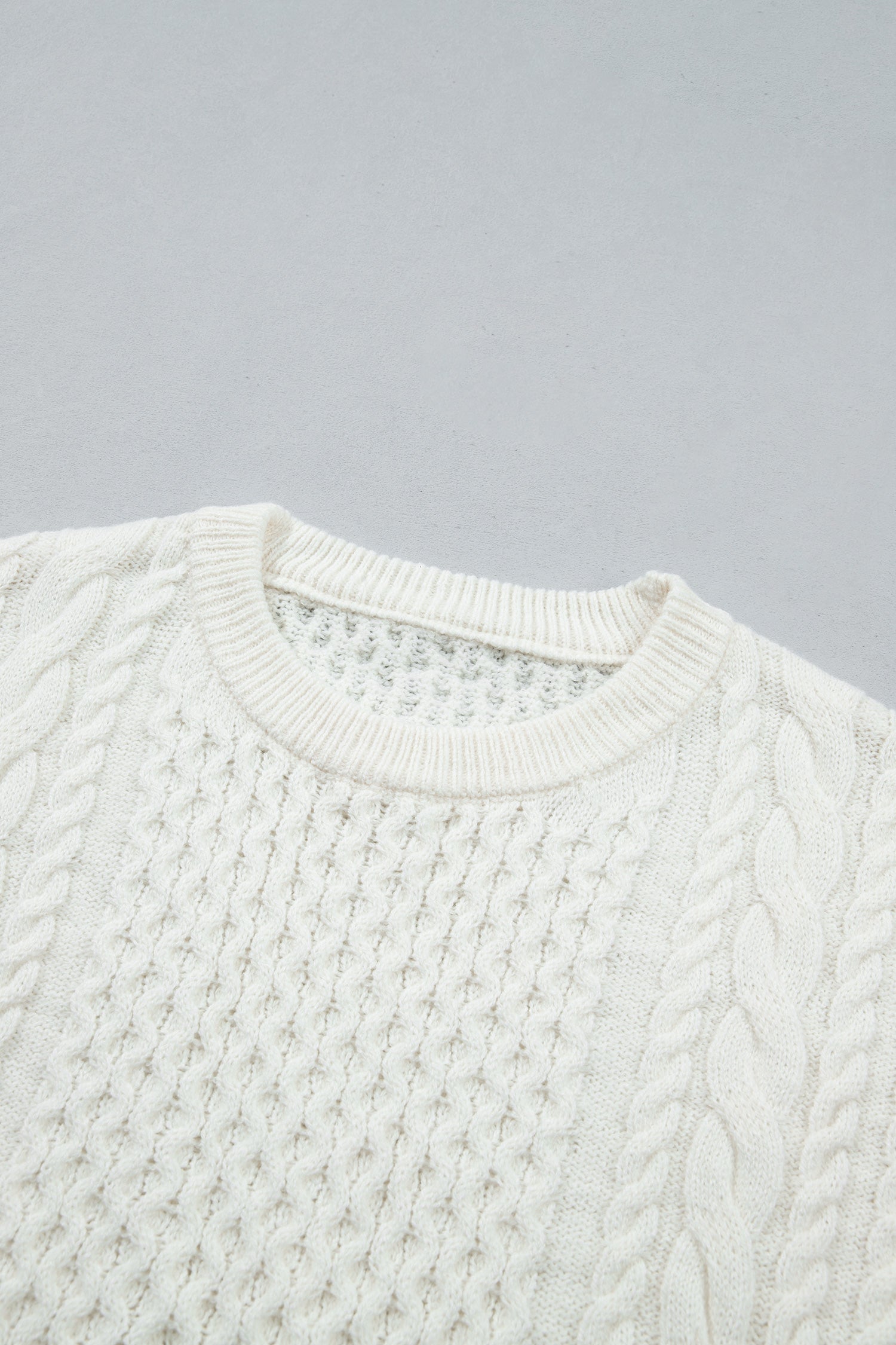 Beige Solid Color Cable Detail Knit Loose Round Neck Sweater