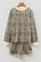 Brown Leopard Print Contrast Trim Long Sleeve Pullover Drawstring Shorts 2pcs Outfit