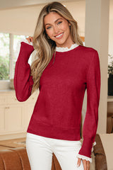Jet Stream Lace Trim Patchwork Buttoned Cuffs Loose Sweater