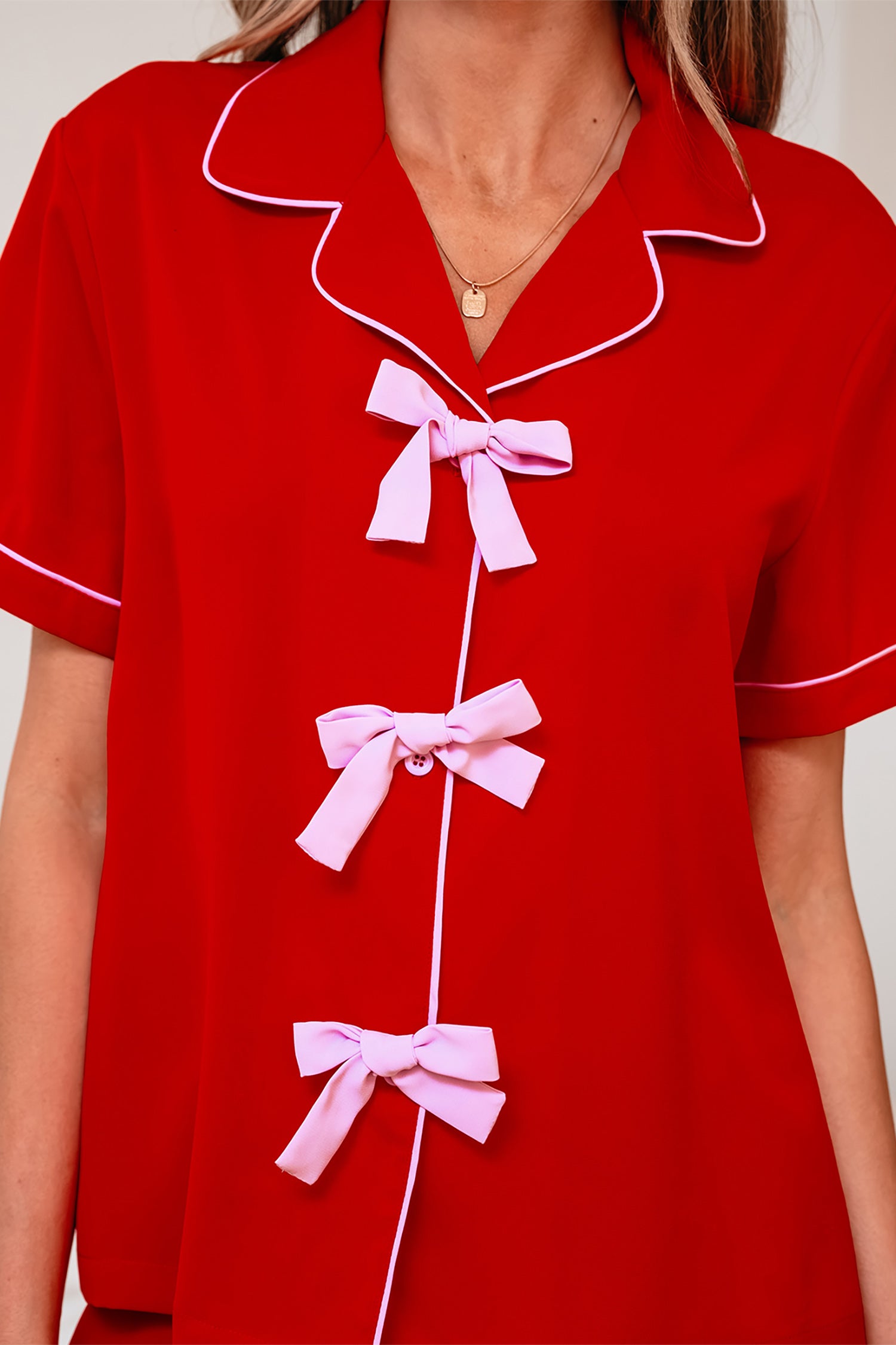 Fiery Red Contrast Trim Ribbon Bow Short Silky 2pcs Pajama Set