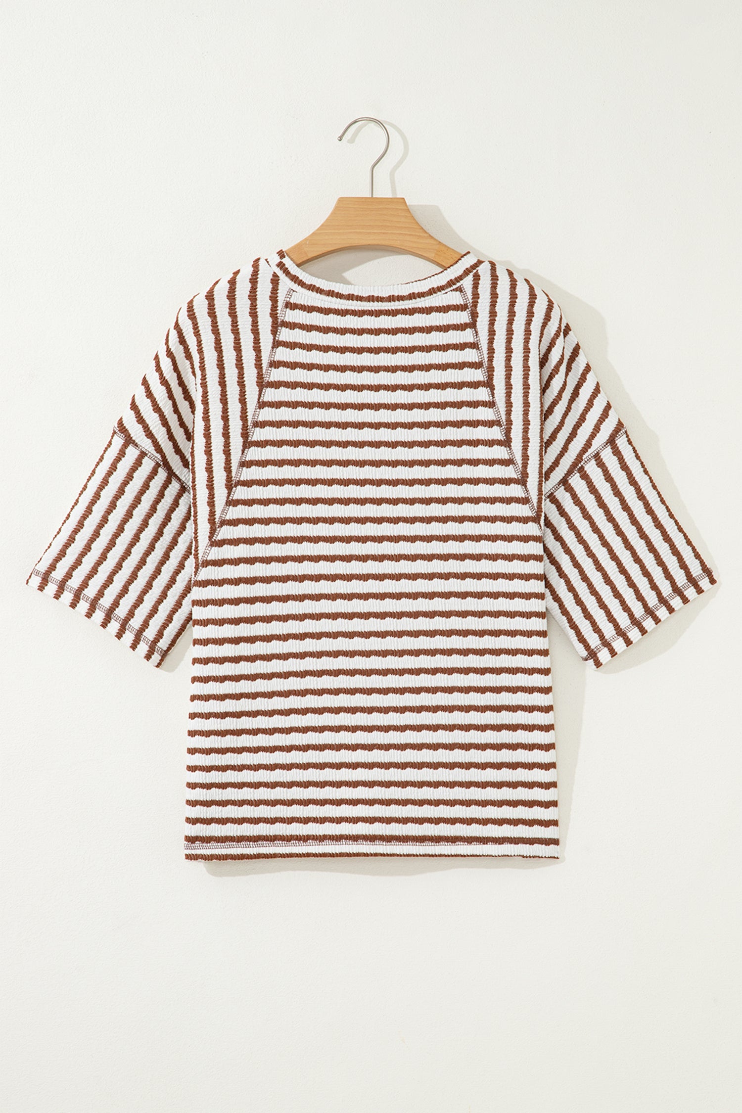 Pink Stripe Textured Knit Split Hem Half Sleeve Loose Top