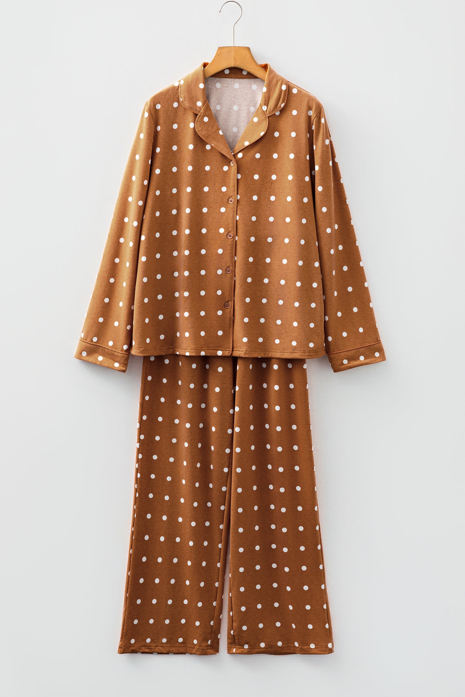 Brown Polka Dot Print Long Sleeve Shirt Pant 2pcs Pajama Set