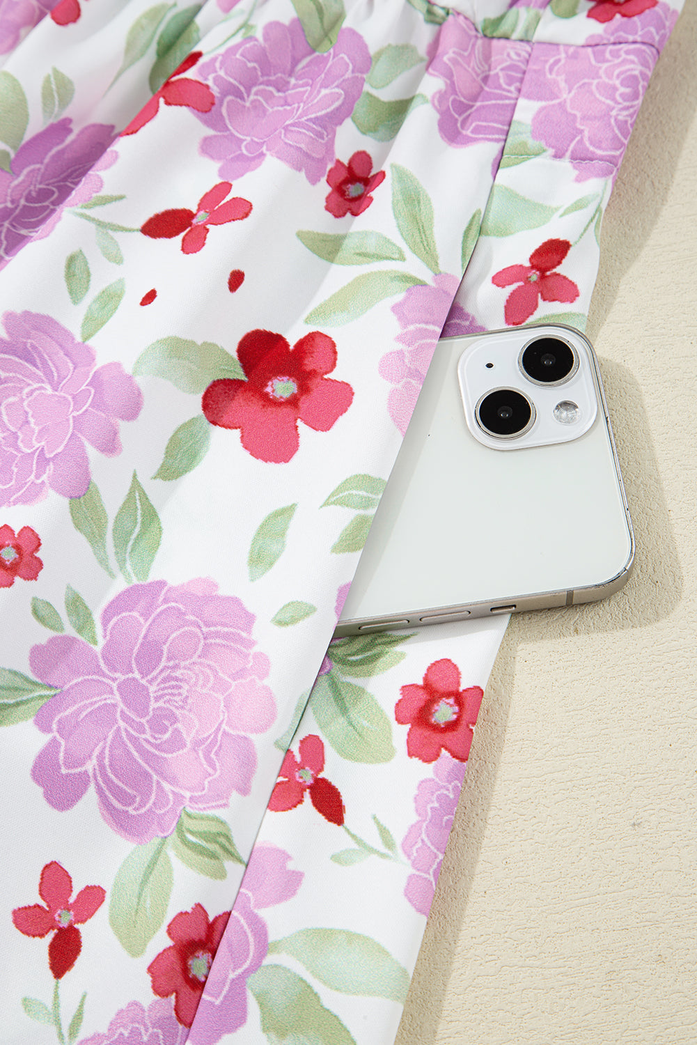 Pink Floral Print Striped Trim Flowy Mini Dress