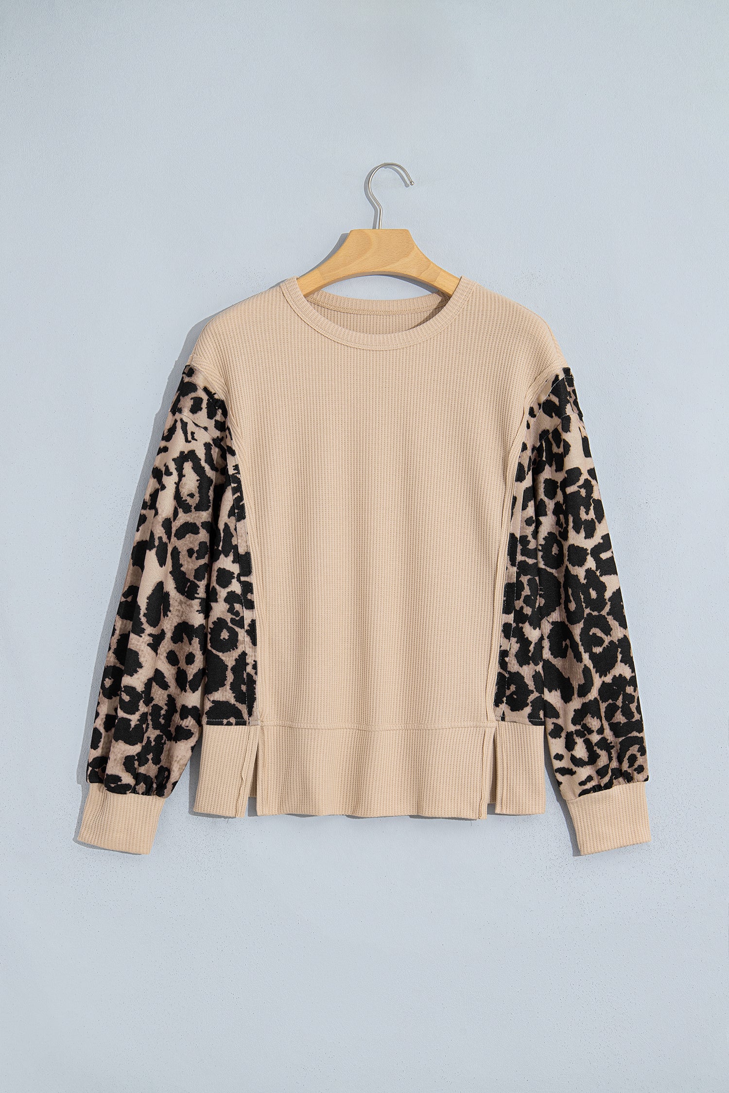 Gray Morn Leopard Sleeve Waffle Knit Split Hem Top