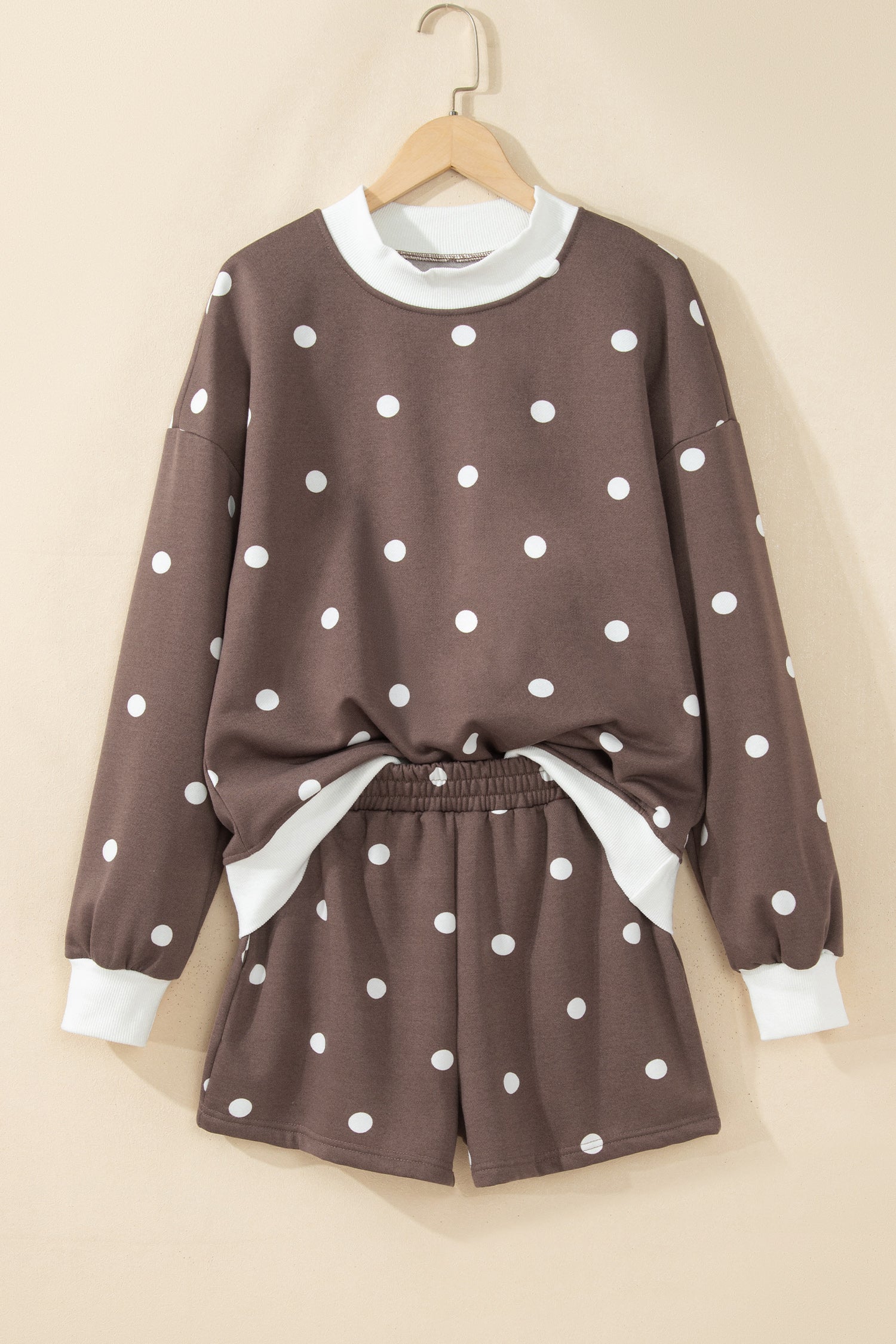 Brown Polka Dot Ribbed Trim Long Sleeve Top Casual Short Set