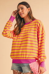 Orange Stripe Round Neck Drop Shoulder Loose Sweater