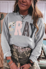 Coffee Floral Buffalo Plaid Striped Embroidered Patch Western Pullover Sweatshirt