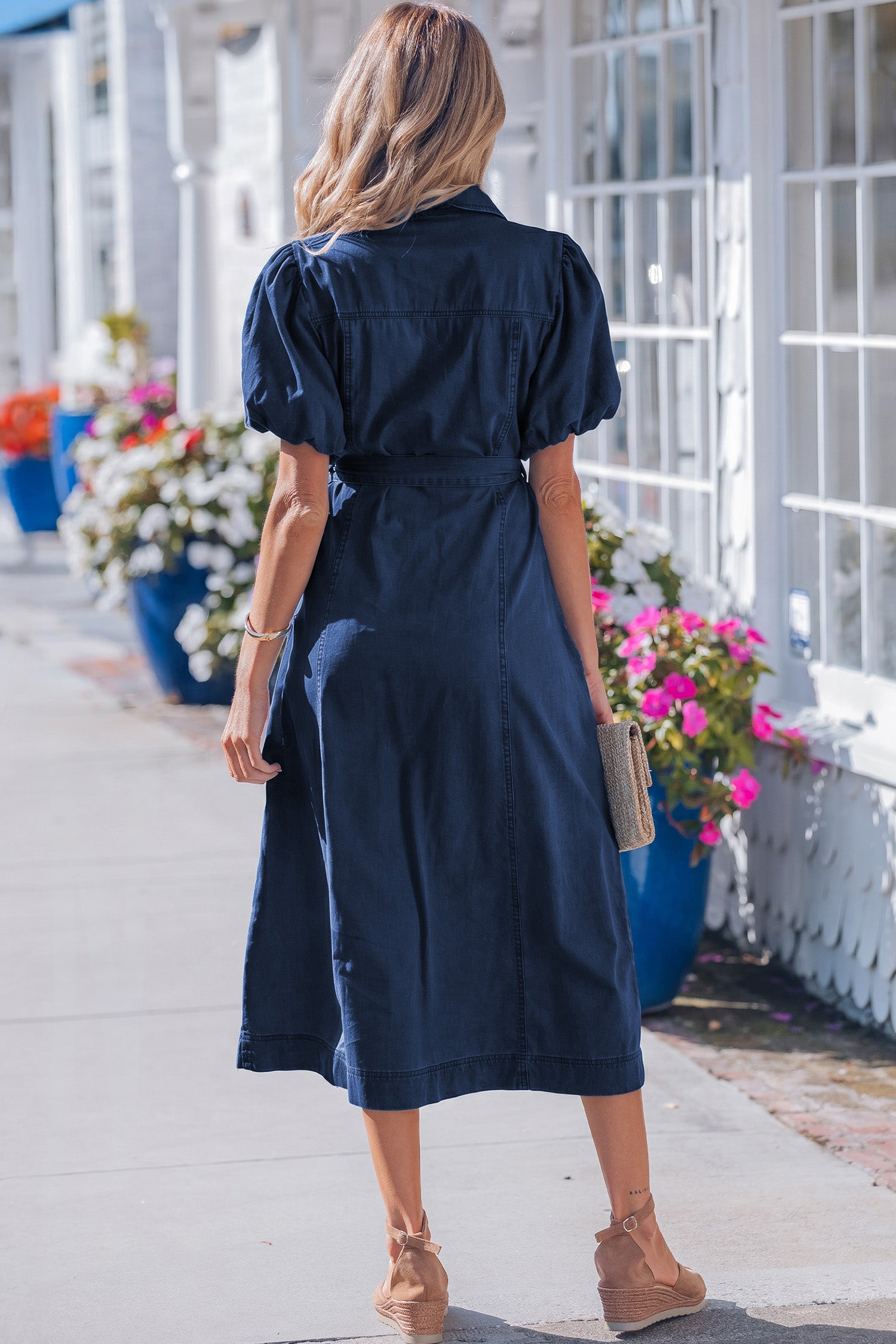 Sail Blue Full Buttons Collared Short Bubble Sleeve Long Denim Dress