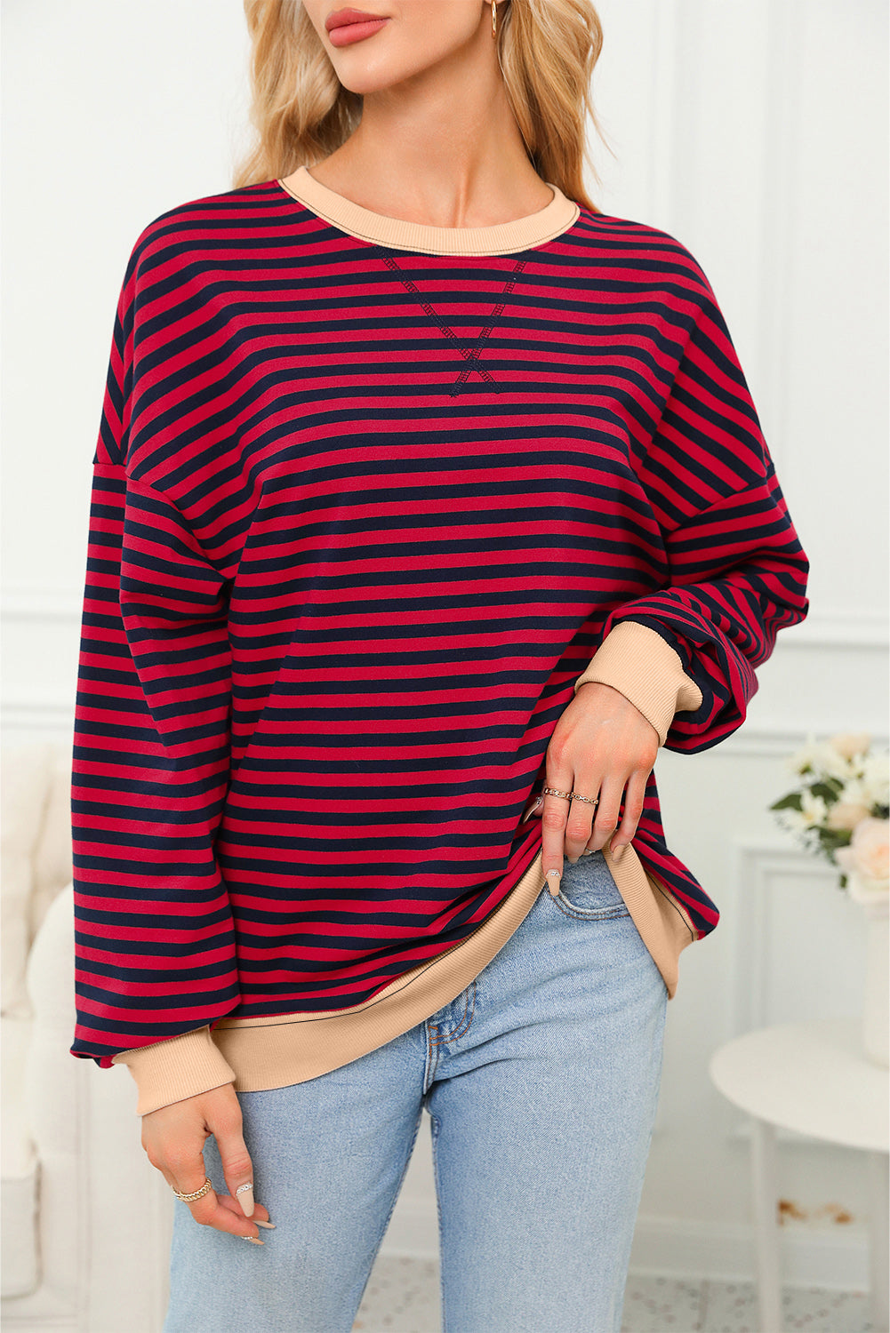 Red Stripe Contrast Ribbed Trim Crossed Stitch Drop Shoulder Sweatshirt