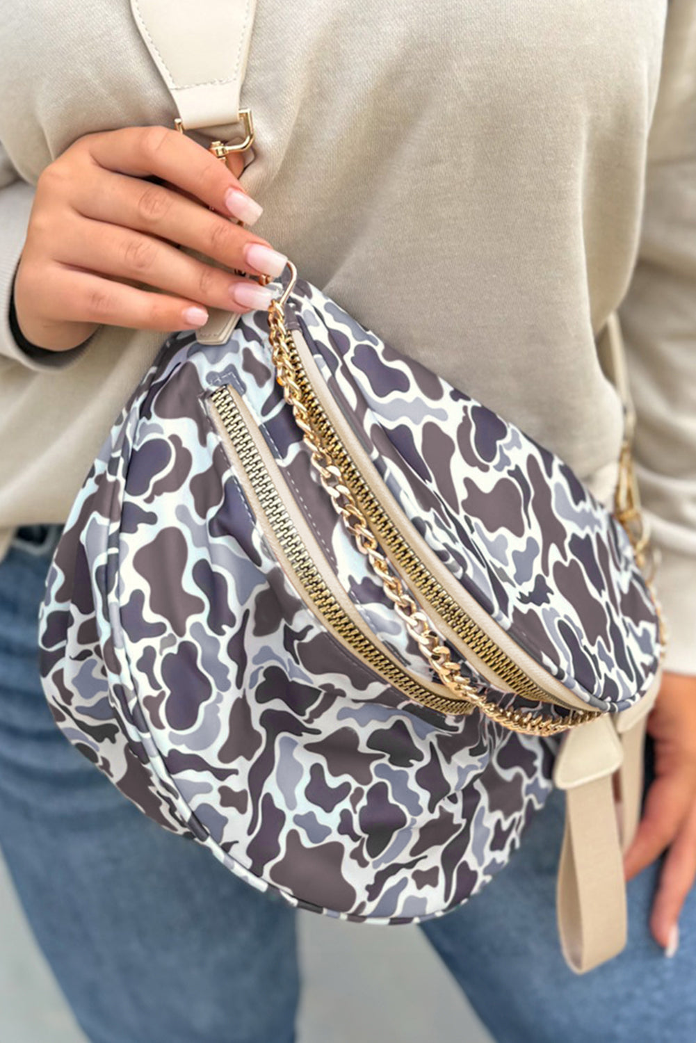 Light Grey Camouflage Print Double Zip Fashion Crossbody Bag