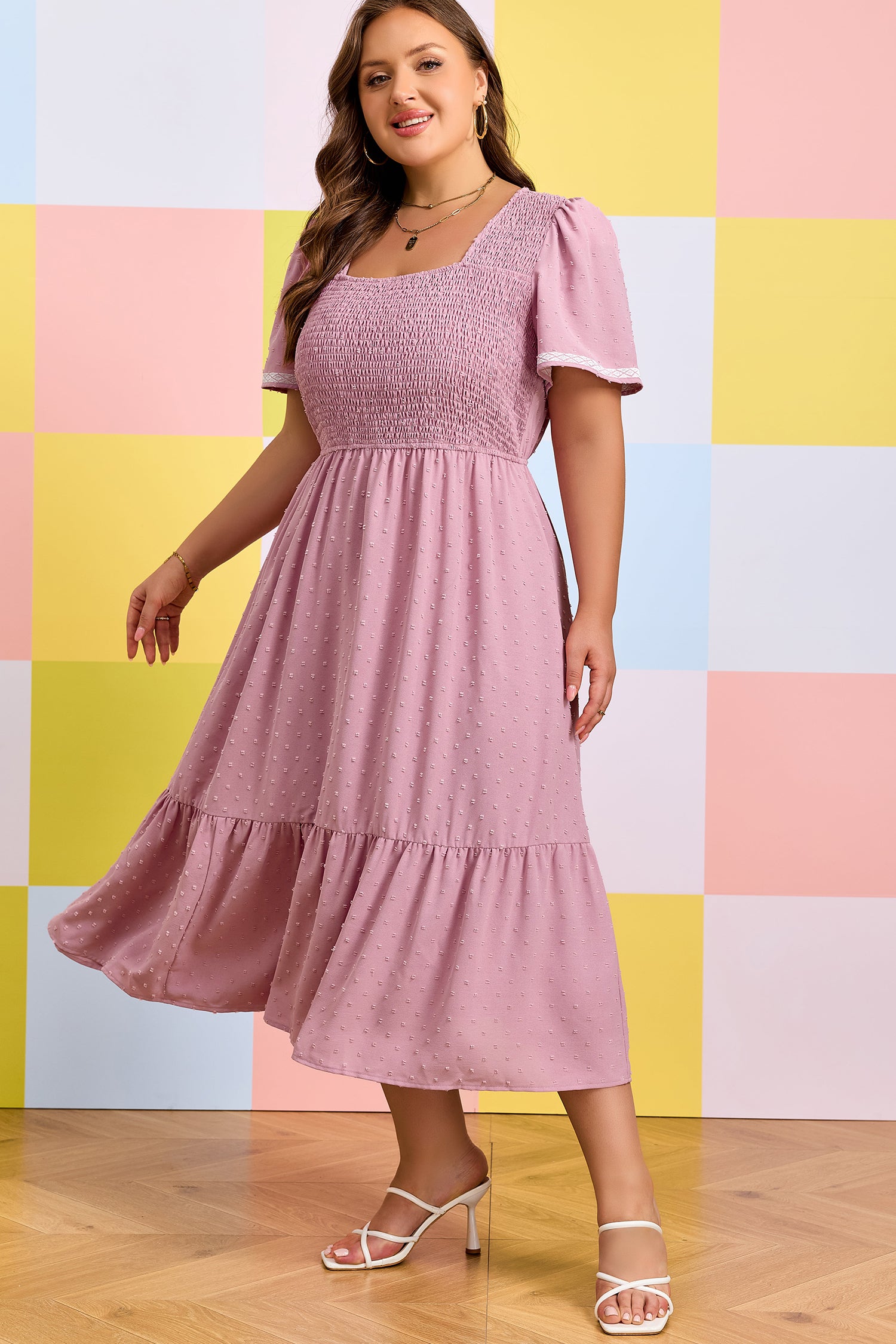 Pink Plus Size Swiss Dot Short Sleeve Smocked High Waist Flowy Midi Dress