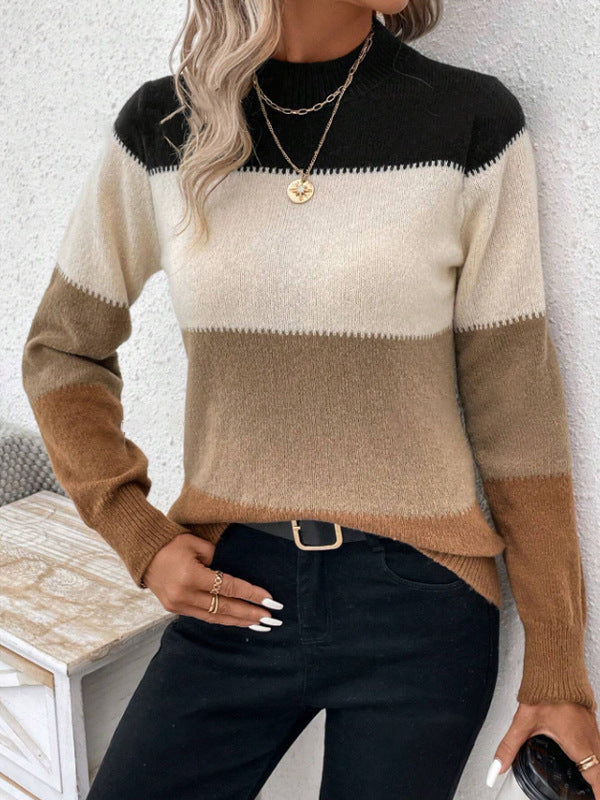 Contrast Color Pullover Round Neck Knitwear Casual Sweater