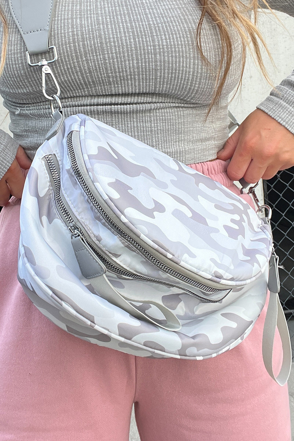Light Grey Camouflage Print Double Zip Fashion Crossbody Bag