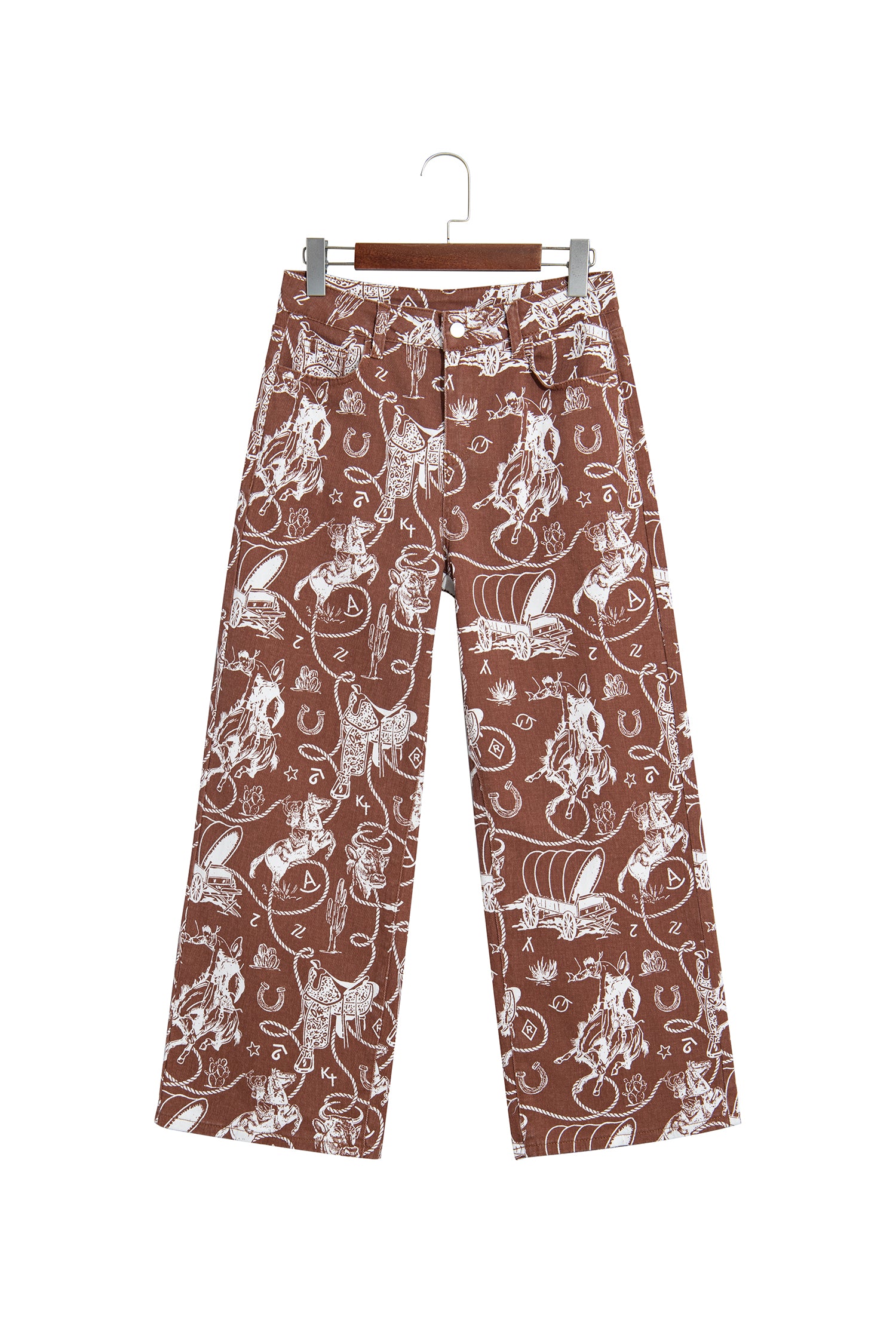 Brown Western Print Casual Shift Jeans