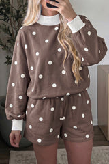 Brown Polka Dot Ribbed Trim Long Sleeve Top Casual Short Set