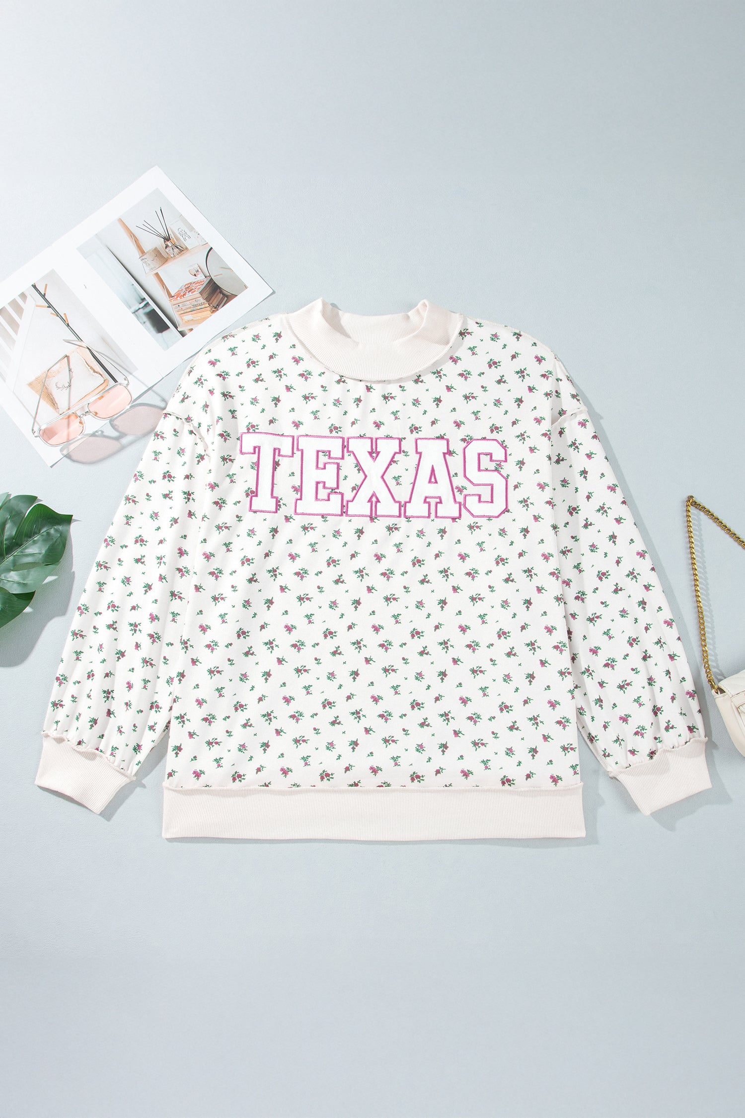 Apricot Floral Print Texas Long Sleeve Ribbed Neck Tunic Plus Size Sweatshirt