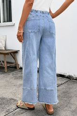 Beau Blue Drawstring Seam Detail Raw Hem Wide Leg Denim Pants