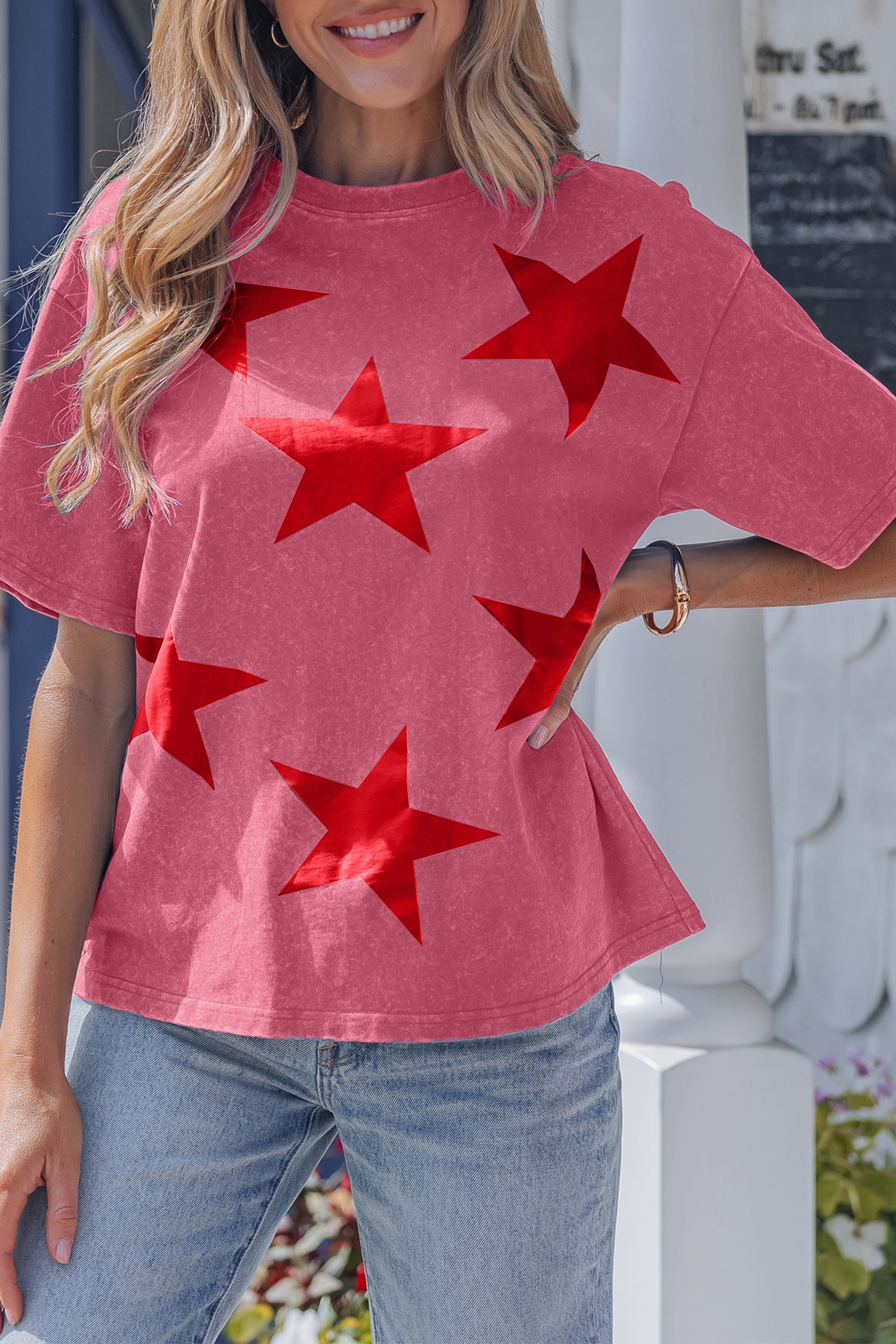 Blue Independence Day Star Printed Mineral Wash T Shirt