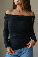 Black Floral Lace Off-shoulder Long Sleeve Slim Top