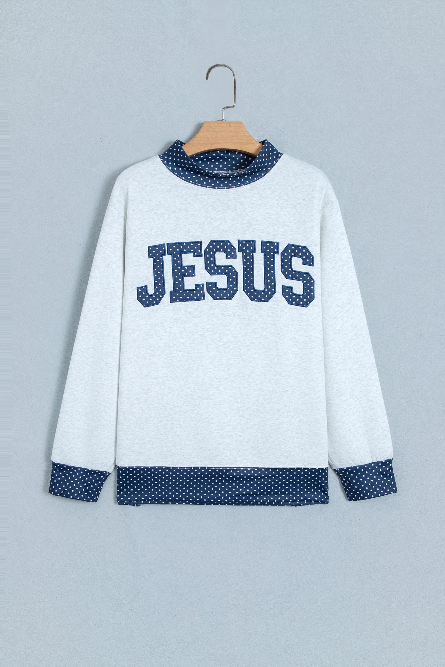 Light Grey Polka Dot Contrast Trim JESUS Letter Graphic Sweatshirt