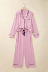 Delicacy Contrast Piping Trim Lapel Button Down Top 2pcs Lounge Pajama Set