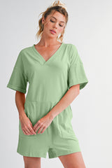 Grass Green Loose Half Sleeve V Neck Plain Romper