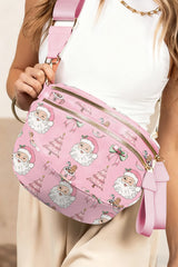 Pink Christmas Theme Double Zip PU Leather Crossbody Bag