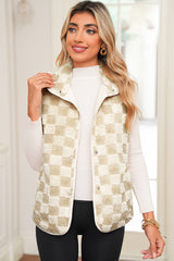 Khaki Sherpa Checkerboard Snap Button Vest Jacket