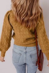Jurassic Gold Hollow Out Crochet Ribbed Edge Balloon Sleeve Sweater