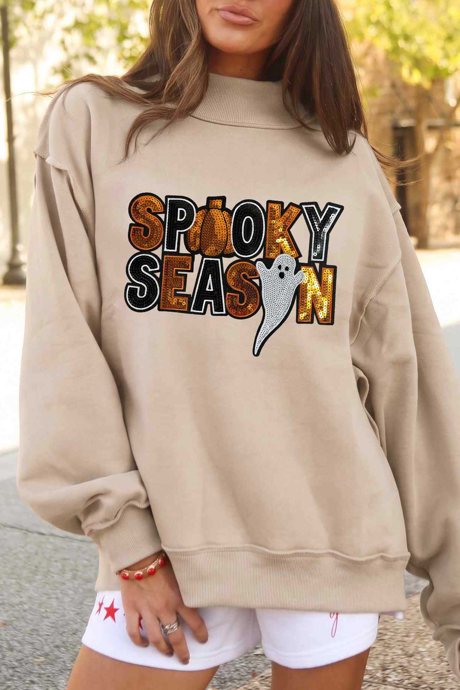 Apricot Sequin Spooky Season Graphic Mock Neck Halloween Sweatshirt