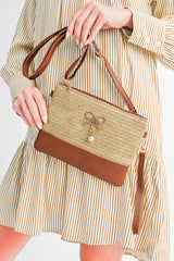 Beige Pearl Bow Decor Woven Patchwork Shoulder Bag
