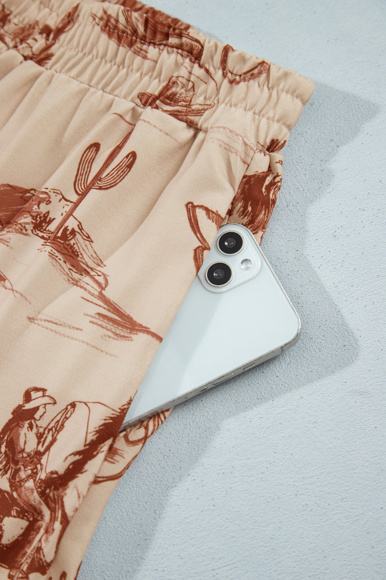 Beige Western Print Loose Fit Long Sleeve Top Short Set