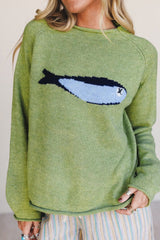 Meadow Mist Green Unique Fish Knit Oversized Round Neck Sweater