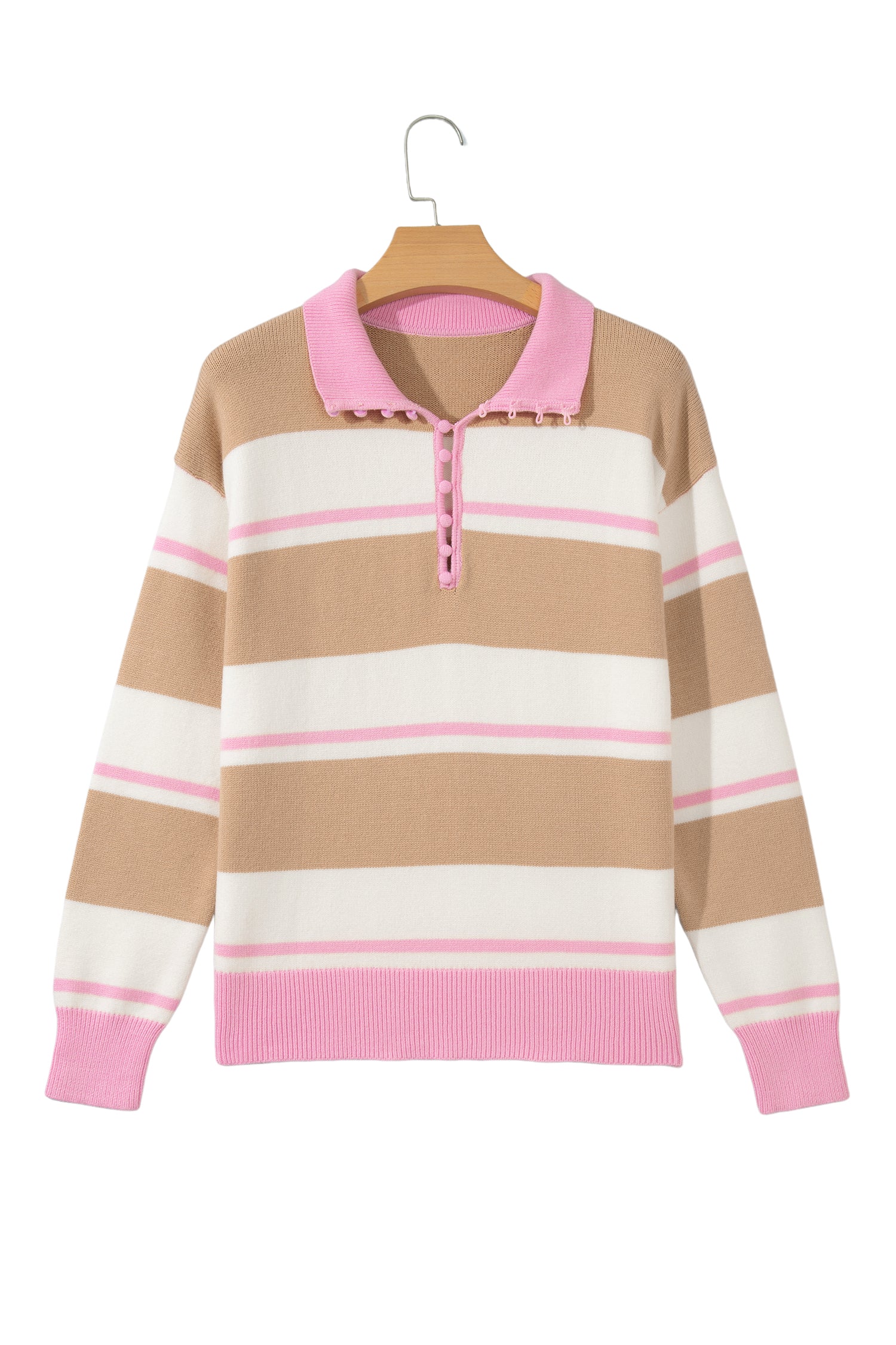 Khaki Stripe Striped Drop Shoulder Button Placket Long Sleeve Sweater