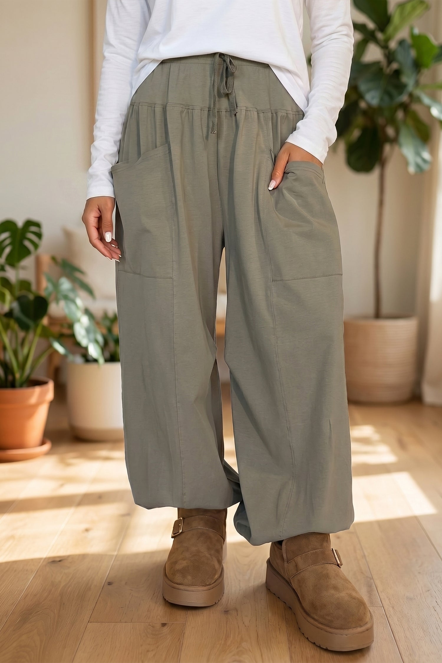 Seagrass Elastic Waist Drawstring Wide Leg Full Length Pants