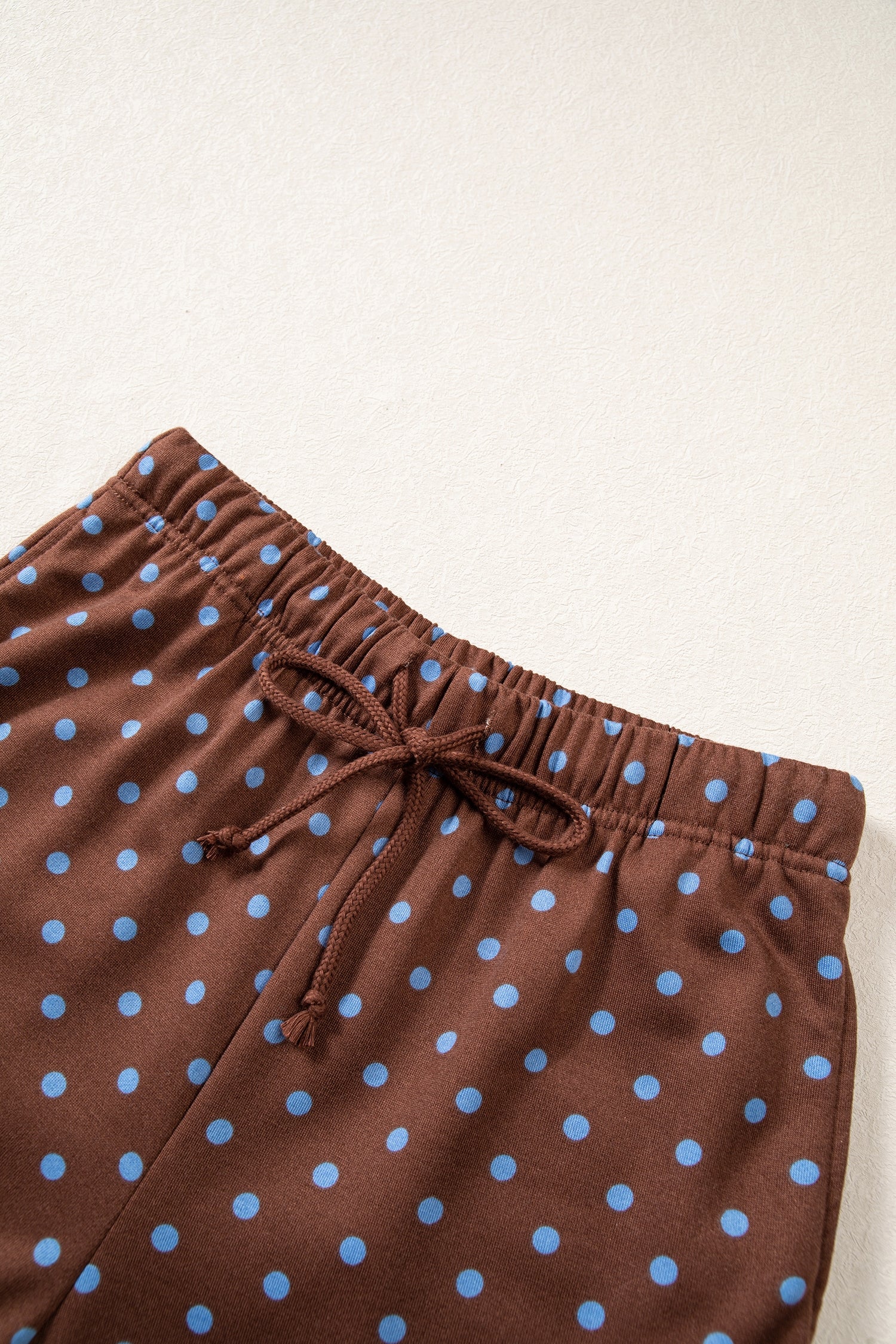 Brown Polka Dot Drawstring Wide Leg Long Sleeve Top Pant Set
