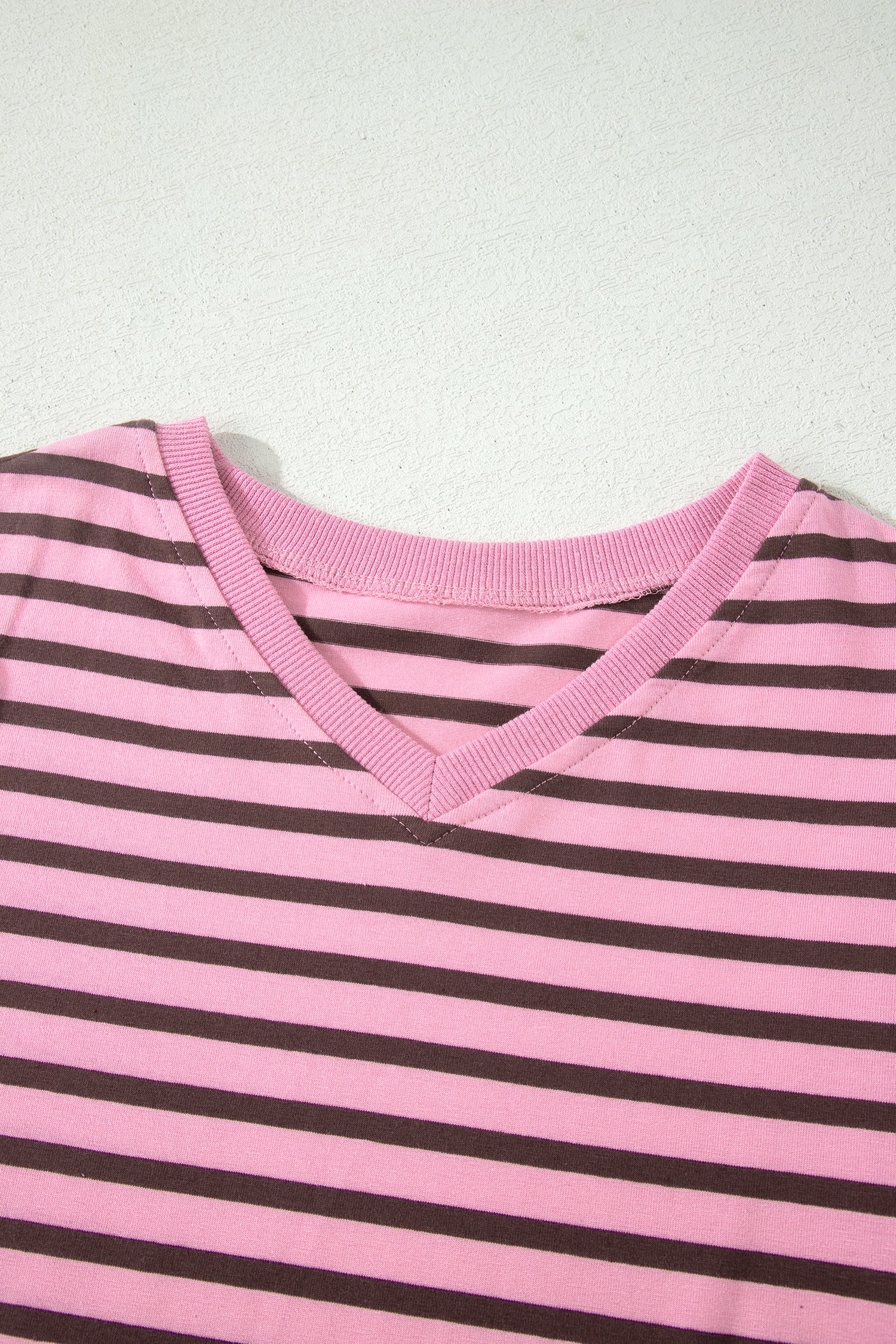 Rose Stripe Striped V-Neck Ribbed Collar Cuff Gathering Puff Sleeve Top