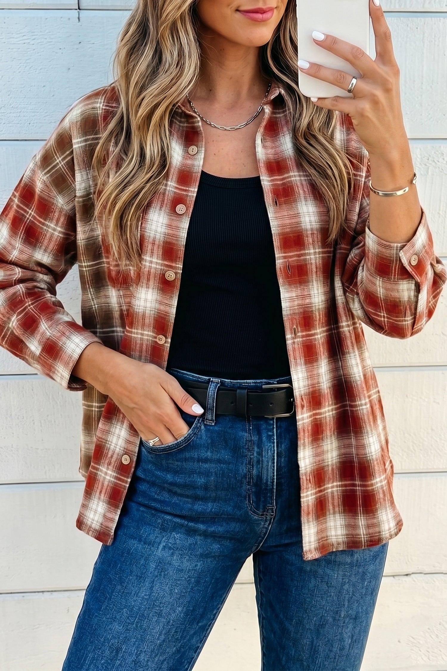 Red Contrast Plaid Long Sleeve Button Down Shacket