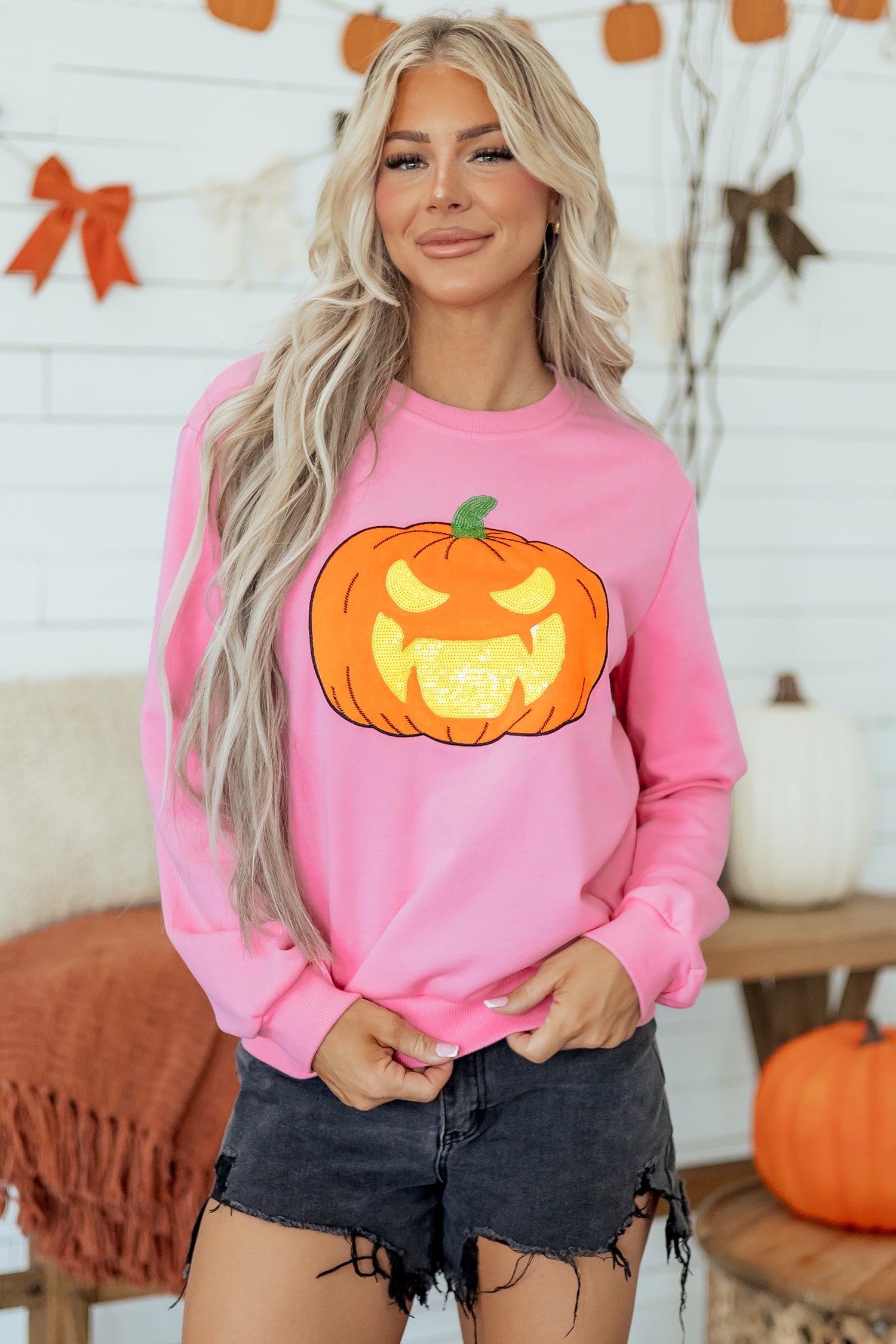 Pink Embroidered Pumpkin Face Long Sleeve Round Neck Sweatshirt