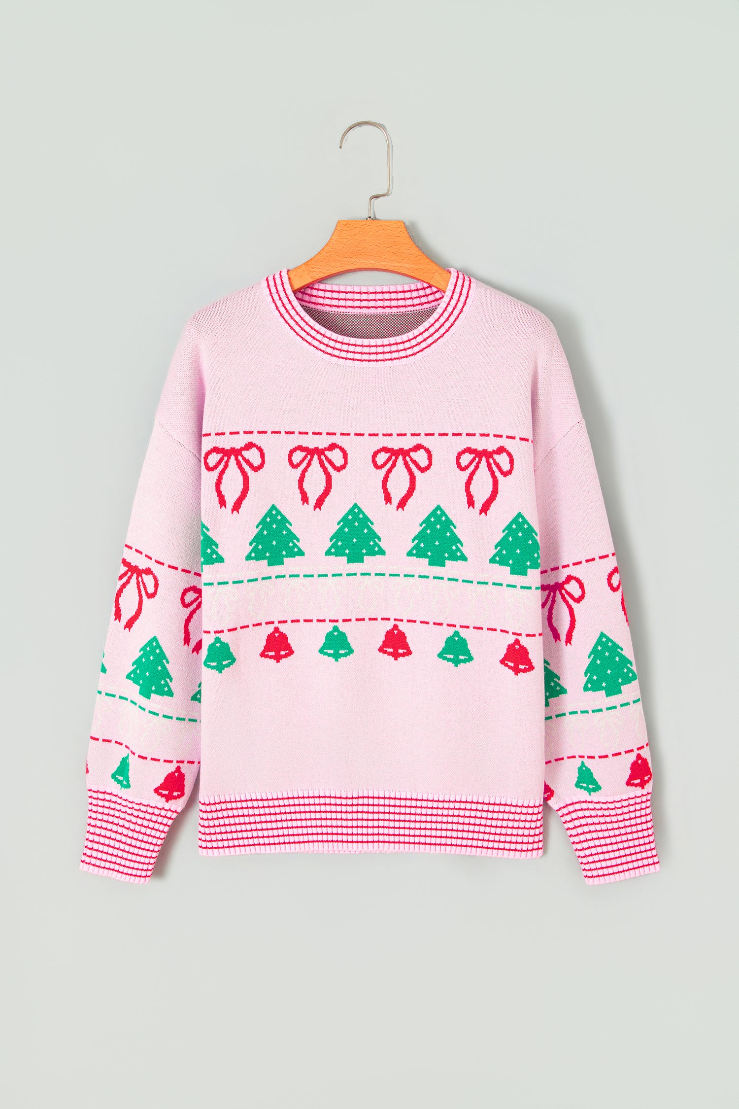 Pink Festive Holiday Print Round Neck Loose Tunic Sweater