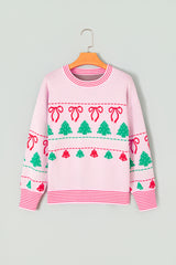 Pink Festive Holiday Print Round Neck Loose Tunic Sweater
