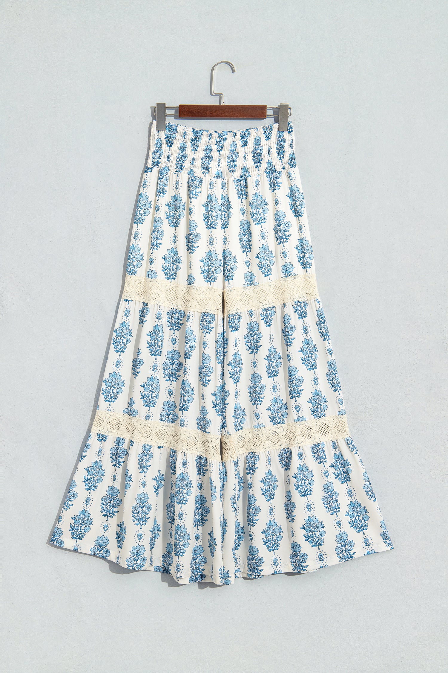 Sky Blue Floral Print Lace Patchwork Detail Wide Leg Pants