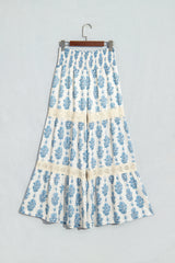Sky Blue Floral Print Lace Patchwork Detail Wide Leg Pants