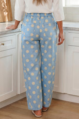 Sky Blue Polka Dot Print Bow Detail Pocketed Barrel Jeans
