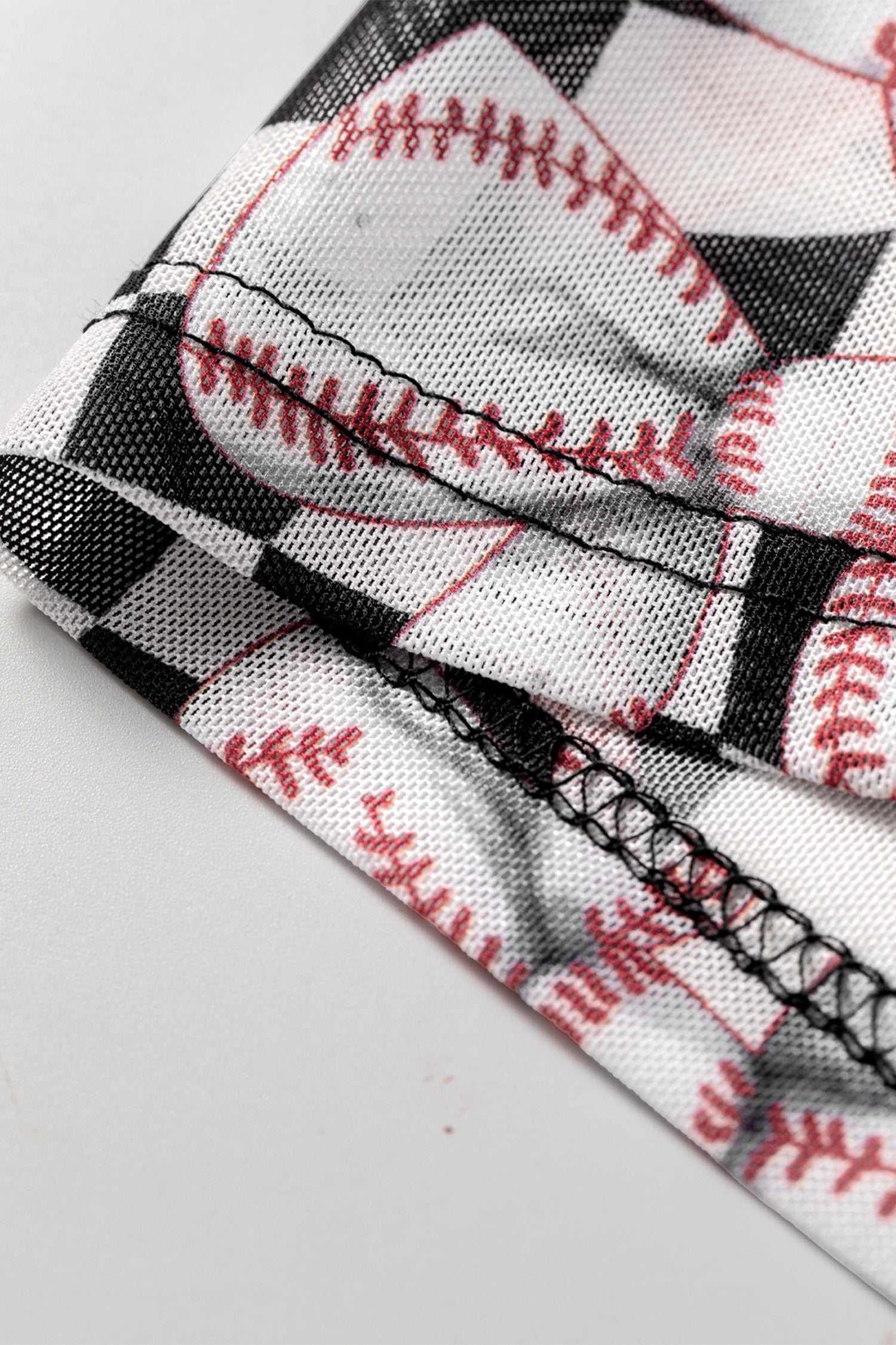 Black Checkered Baseball Bow Print High Neck Long Sleeve Mesh Top
